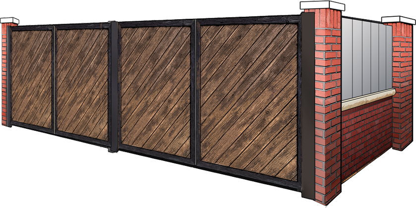 brick and metal dumpster enclosure with wooden gates