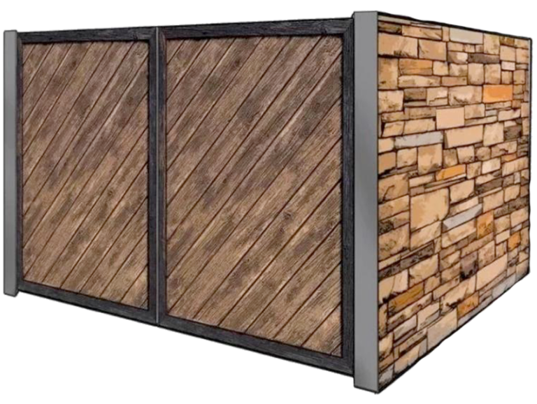 stone dumpster enclosure with wooden gates