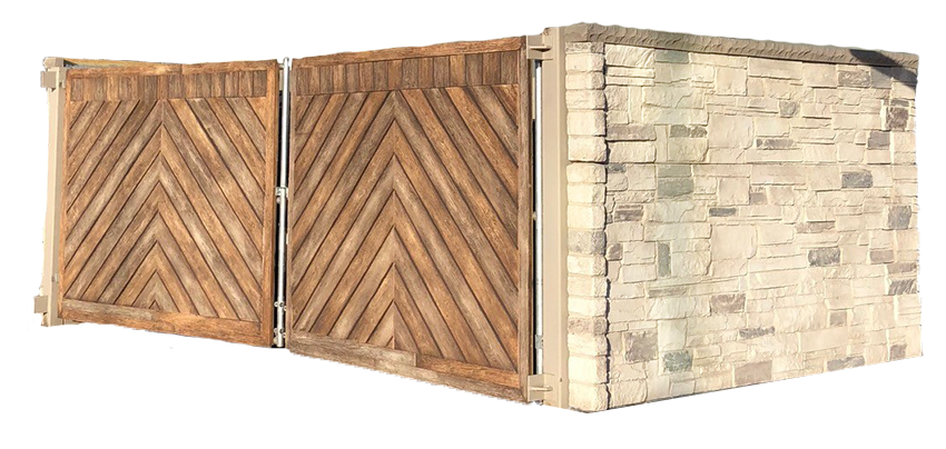 stone dumpster enclosure with wooden gates