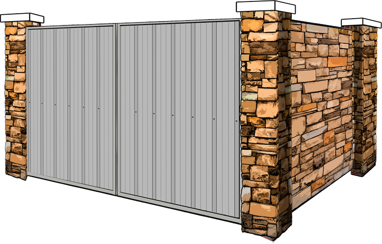 stone dumpster enclosure with metal gates